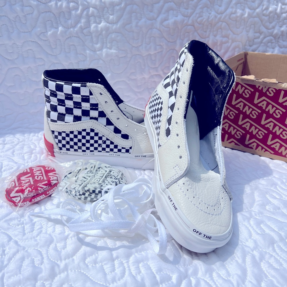 VANS Sk8-Hi "Off The Blank" White Leather Checkerboard Giant Heel
